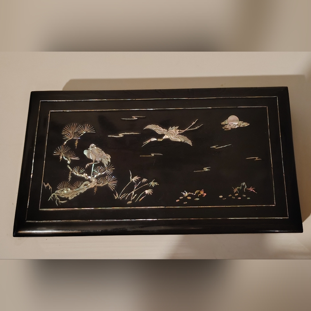Vintage Black Lacquered  Box with Inlay Design.
